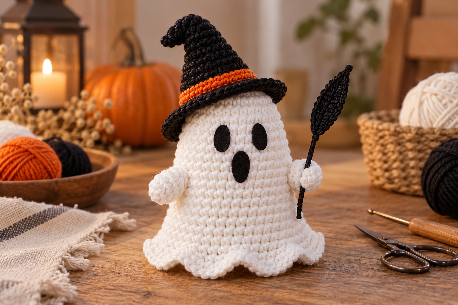 Finished handmade crochet Halloween ghost with a small hat, stitched-looking face, hands, and wired leaf stem