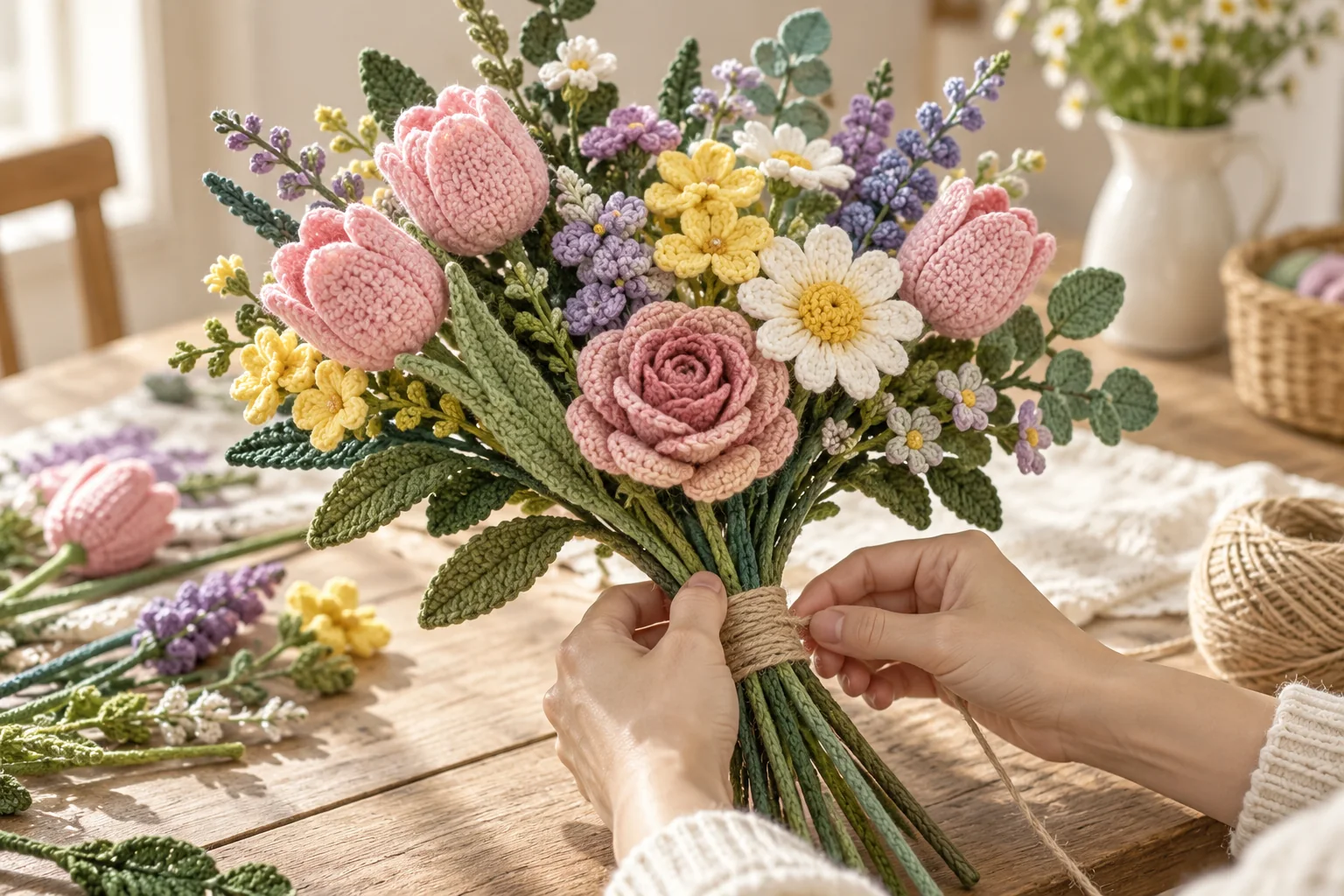 Hands gathering crochet flower stems into a mixed bouquet while adjusting flower spacing and green yarn wraps