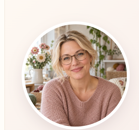 Portrait of Salma in her crochet studio, wearing glasses and a pink sweater