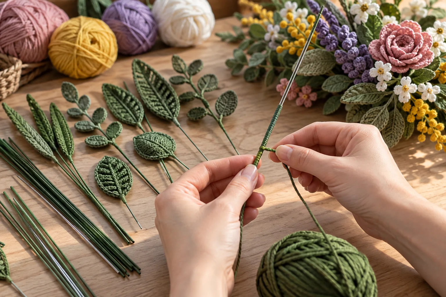Green crocheted leaves with wire reinforcement beside a stem wrapped in green yarn