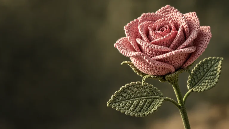 Dusty pink crochet Floyd rose with layered petals and green leaves