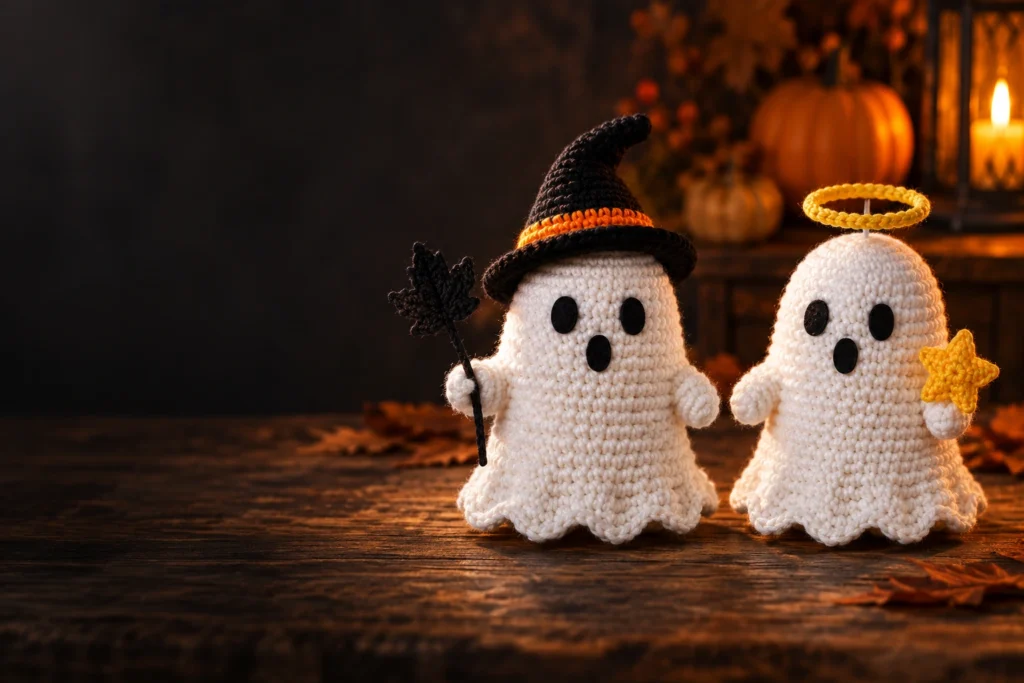 Two handmade crochet Halloween ghosts, one wearing a black and orange witch hat and one with a yellow wire halo and star