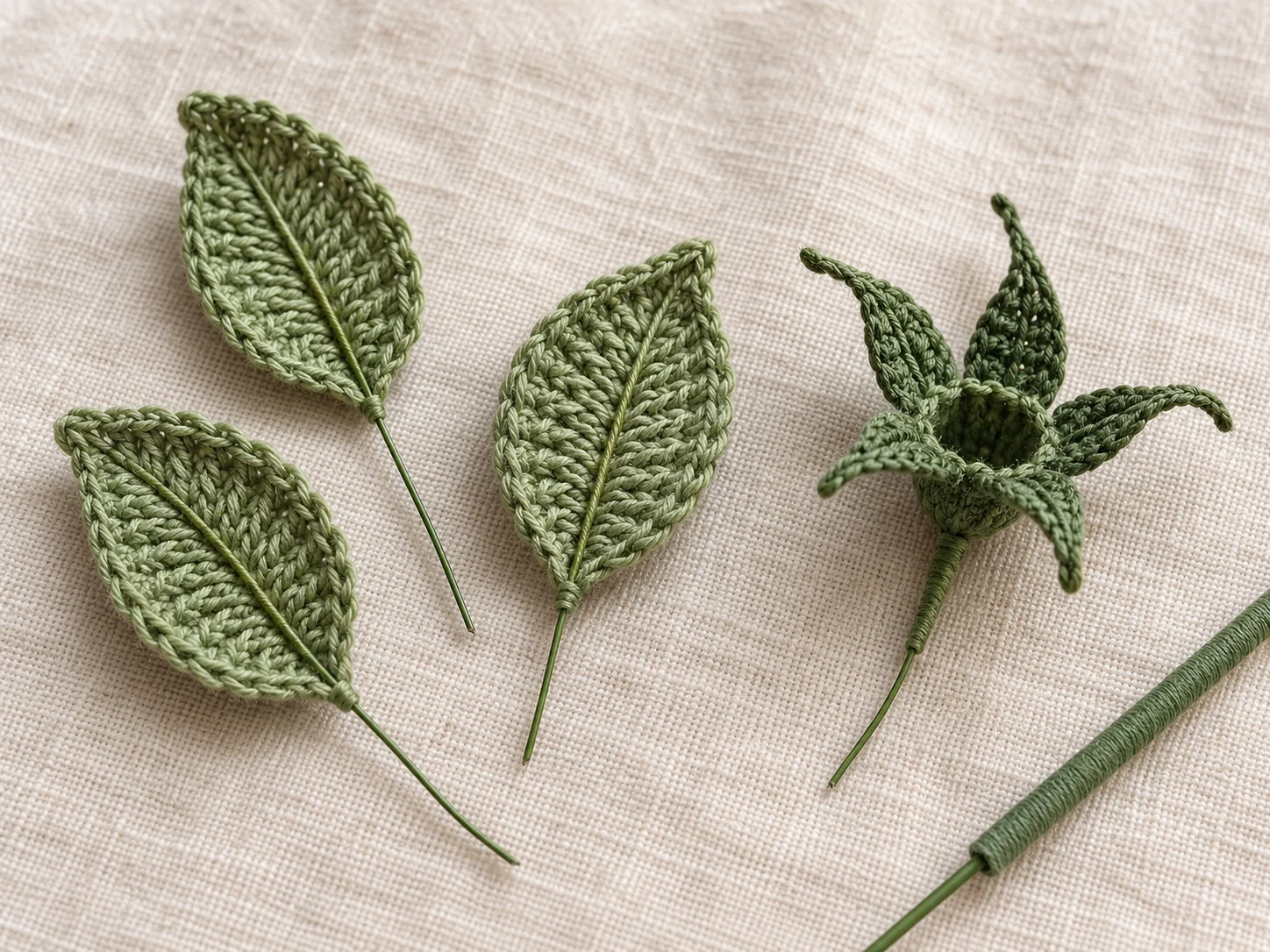 Three green crocheted leaves with wire centers beside a green crochet sepal and wrapped stem