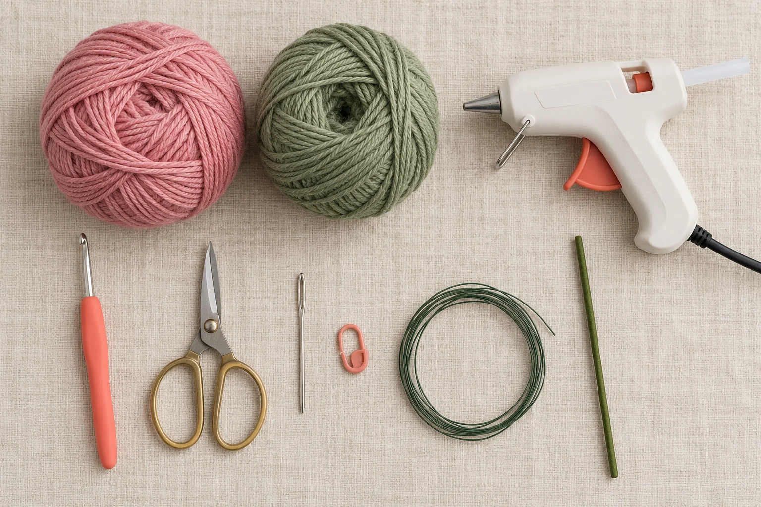 Dusty-pink and sage yarn, crochet hook, scissors, tapestry needle, wire, flower rod, and glue gun arranged for a crochet rose