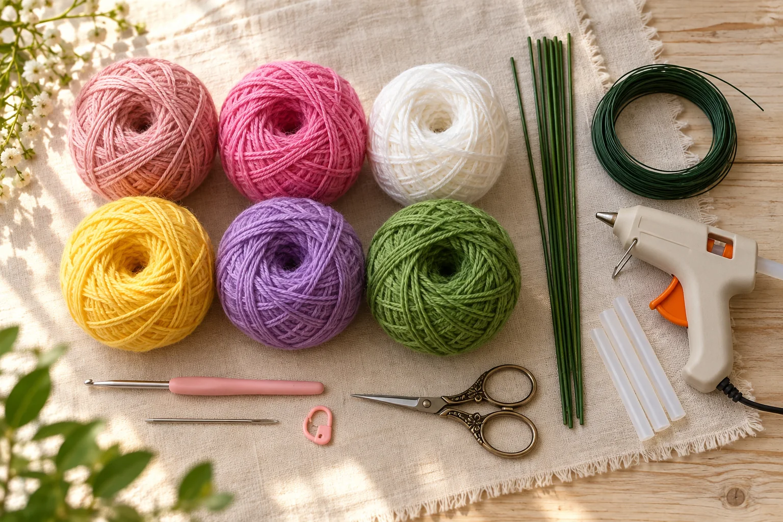 Sorted crochet bouquet yarn and tools ready for making flowers and wired stems