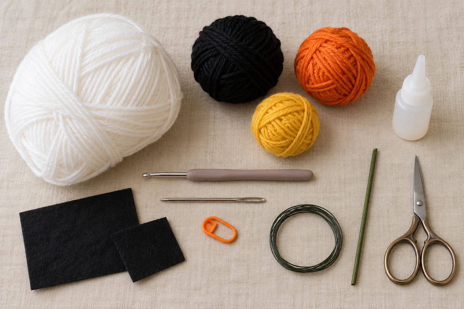 White, black, orange, and yellow yarn with a 2.0 mm hook, stitch marker, needle, scissors, wire, fabric, flower rod, and glue laid out for the crochet ghost project