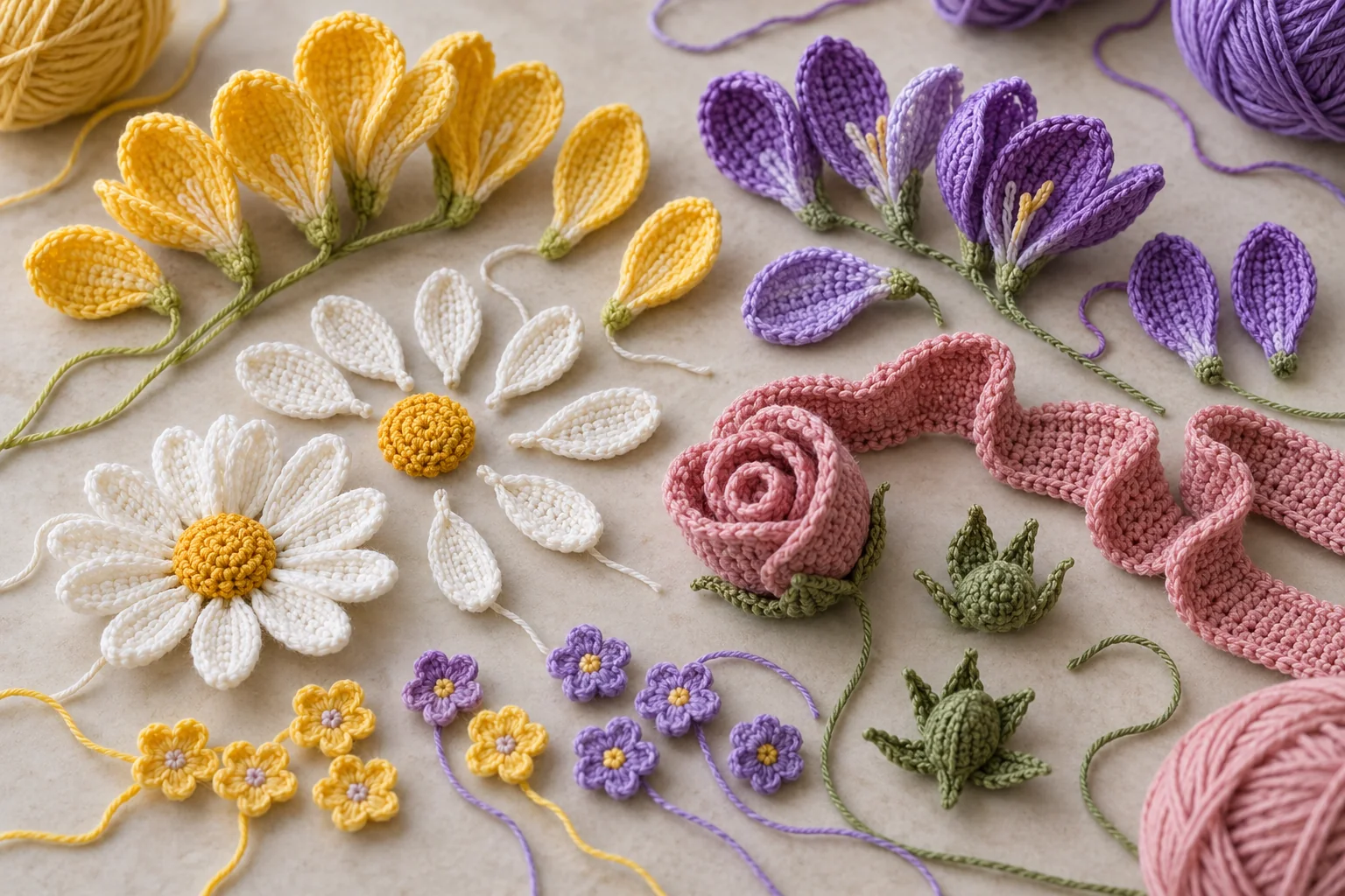 Separate crochet freesia, daisy, rose, and forget-me-not pieces in yellow, purple, pink, and white