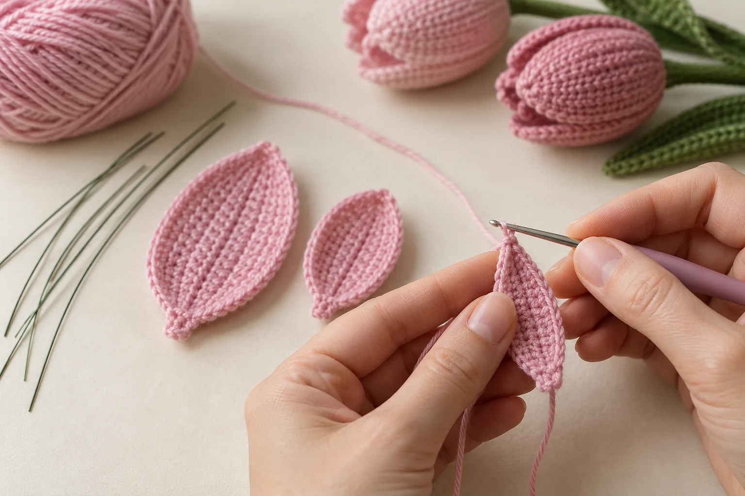 Pink crocheted tulip petal pieces and wire stamens arranged on a neutral work surface